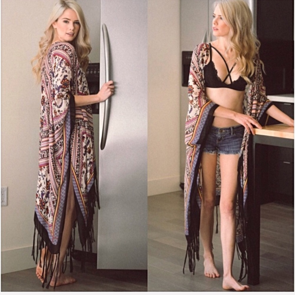 Boho Beautiful Fringe Kimono Wrap Armholes Swim Coverup OSFM 0-18 Tassel - Picture 6 of 6